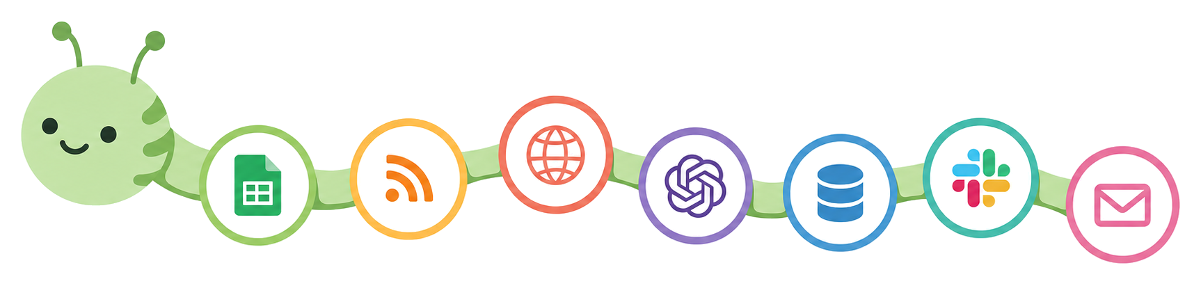 A friendly caterpillar whose body is a chain of connected app and AI services